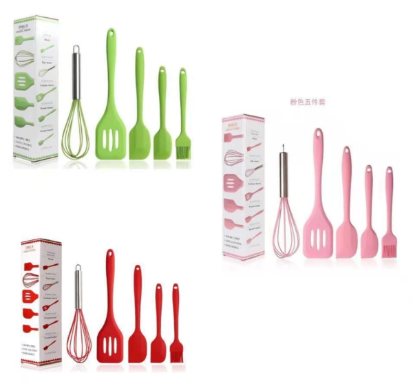 5Pcs Silicone Kitchenware Spatula, Soup Spoon, Brush, and Eggbeater