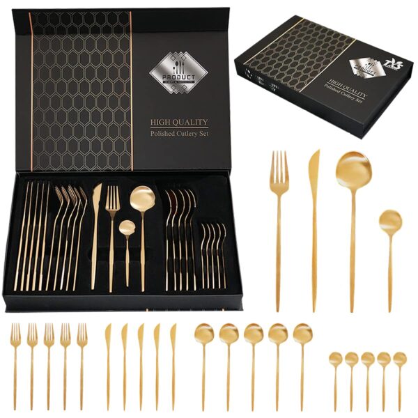 Luxurious Golden Kitchen Cutlery Stainless Steel Dining Utensils Set Of 24