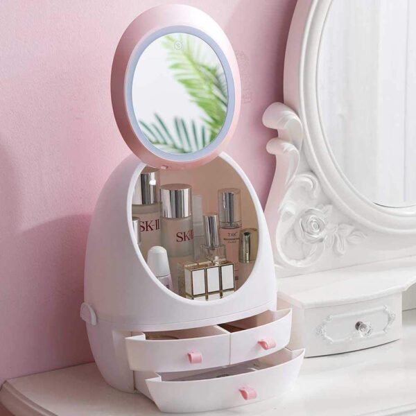 360° Rotating Cosmetic Storage with 3 Drawers and Adjustable LED Lights