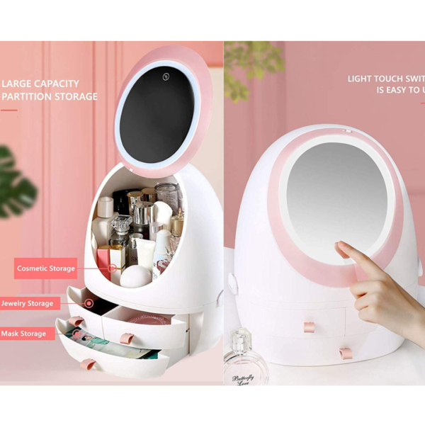 360° Rotating Cosmetic Storage with 3 Drawers and Adjustable LED Lights
