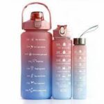 Motivational Water Bottle With Straw 3 Pcs, 2L, 900ml, 300ml Time Marker Leakproof Bottles For Sports Gym Travel BPA Free - Multicolour