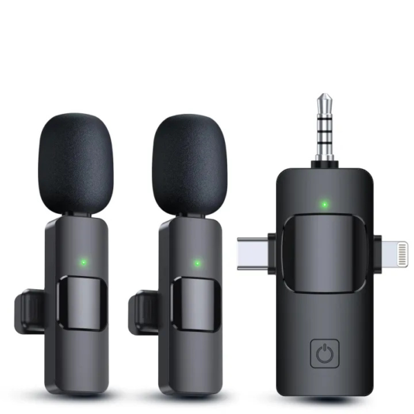 3-in-1 wireless lavalier microphone for iPhone, iPad, Android, camera, and USB-C devices with noise-canceling feature