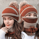 Women's 3-in-1 Wool Knitted Winter Set, Warm Pompom Beanie Hat, Neck Scarf & Face Mask