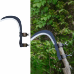 Ergonomic arm-strapped sickle with curved steel blade for hands-free harvesting.