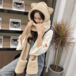 Women’s 3-in-1 Plush Bear Ear Hoodie Hat Scarf Gloves Set with Pockets – Cute Winter Warm Wear