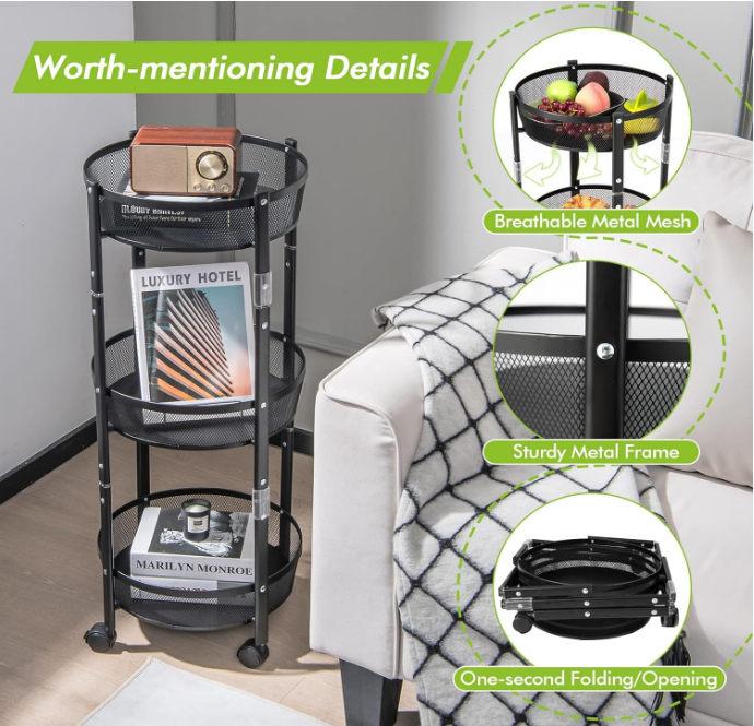Kresal 3 Tier Kitchen Trolley with Lockable Wheels and Storage Baskets