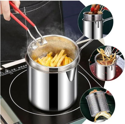 Stainless Steel Mini Deep Fryer Pot with Strainer Basket and Handle - Image 2