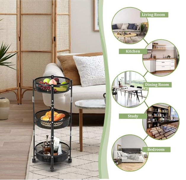 Kresal 3 Tier Kitchen Trolley with Lockable Wheels and Storage Baskets - Image 3