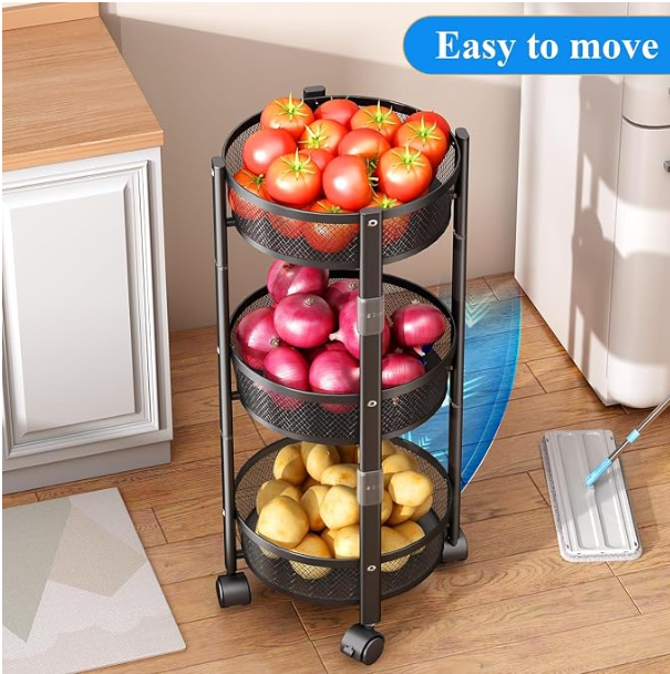 Kresal 3 Tier Kitchen Trolley with Lockable Wheels and Storage Baskets - Image 4